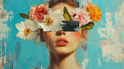 Abstract contemporary art collage portrait of young woman with flowers on face hides her eyes, oil painting 