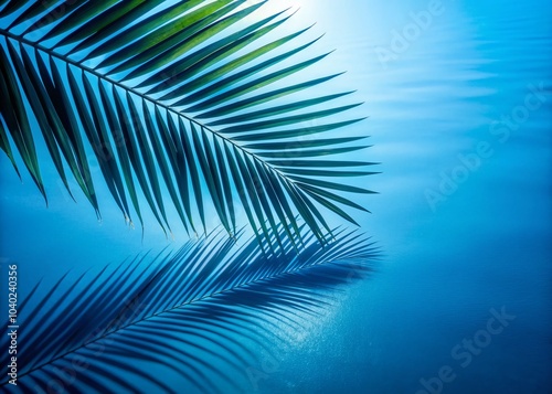 Serene Silhouette Photography of Palm Leaf Shadow on Pure Blue Background with Depth and Horizon Line