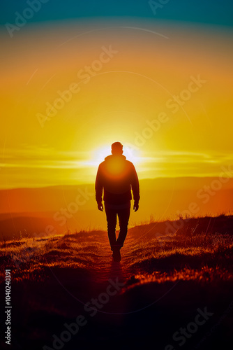 Confident person walking forward as the sun rises, silhouette against a vibrant sunrise, warm colors filling the sky.