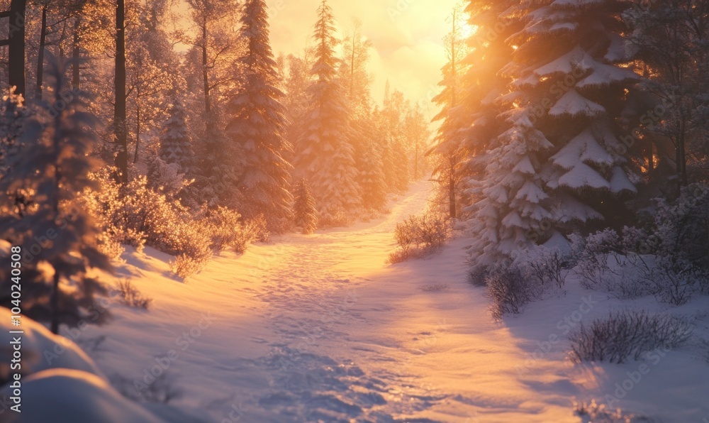 Winter Sunrise Forest Path with Fresh Snow Winter Sunrise Forest Path with Fresh Snow