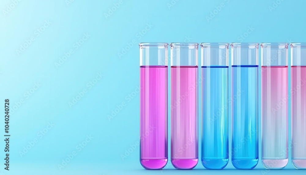 A series of test tubes with clear, colored liquids fading from blue to pink, creating a gradient effect, Test Tubes with Colorful Liquids, Color blending experiment A series of test tubes with clear, colored liquids fading from blue to pink, creating a gradient effect, Test Tubes with Colorful Liquids, Color blending experiment