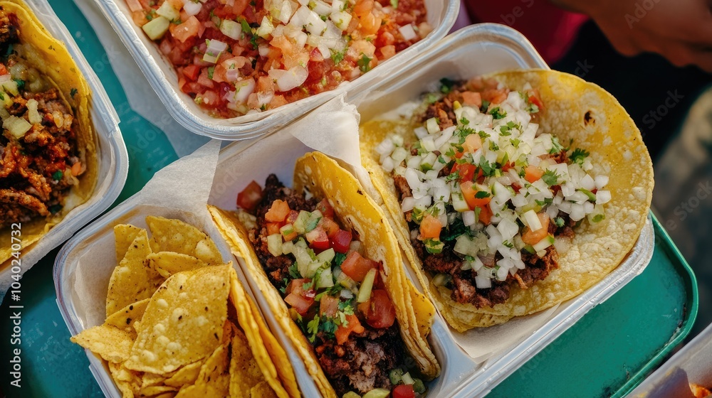 Top view of street festival food like tacos and nachos on a bright background, with room for text or branding Top view of street festival food like tacos and nachos on a bright background, with room for text or branding