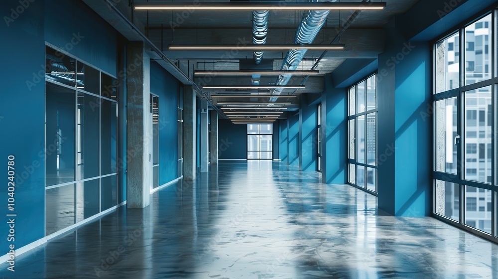 Fototapeta premium Empty Blue Office Corridor with Large Windows and Reflective Floor
