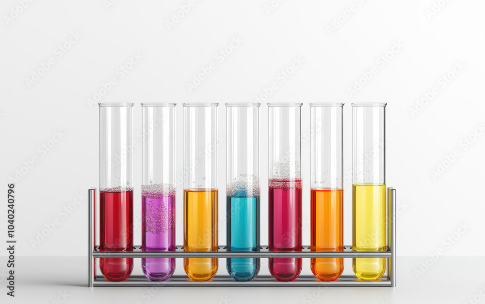 A set of test tubes filled with effervescent colorful liquids, arranged in a sleek metal holder, Test Tubes with Colorful Liquids, Bubbling chemistry