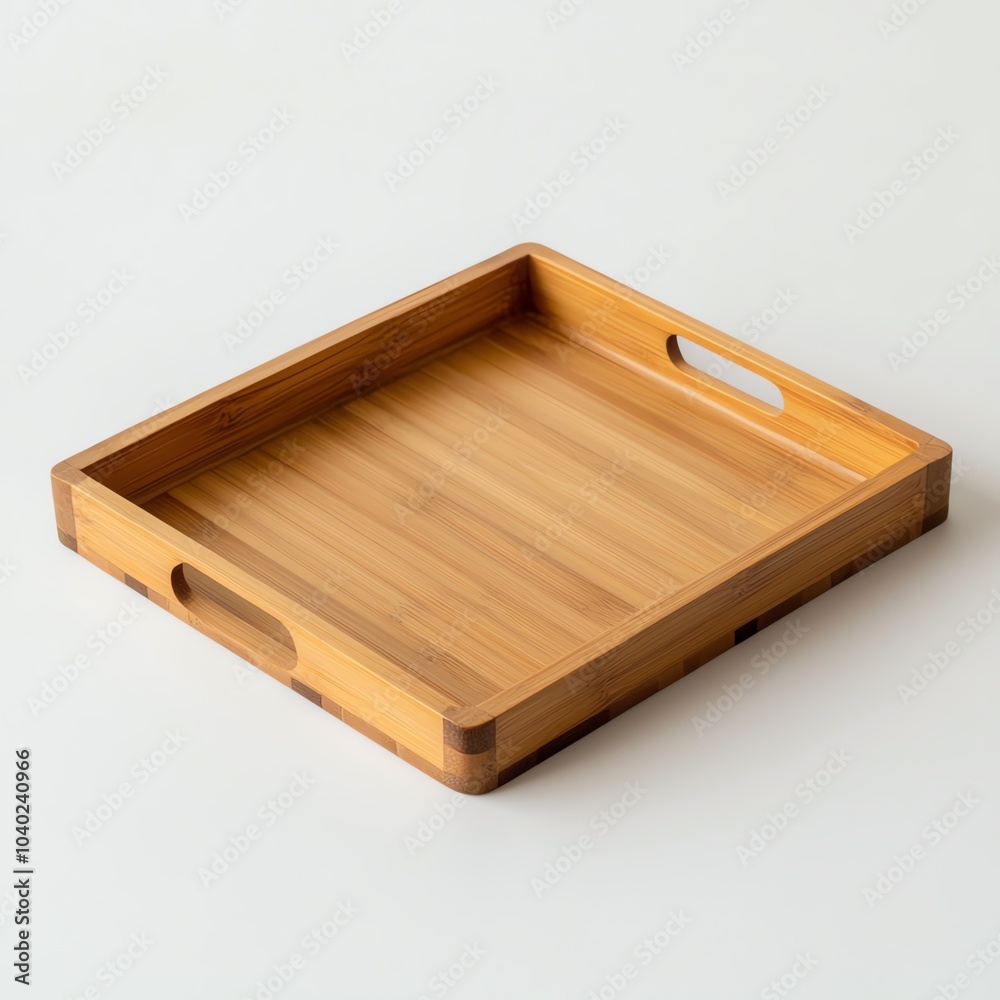 Square bamboo tray with handles, perfect for serving or organizing items. Square bamboo tray with handles, perfect for serving or organizing items.