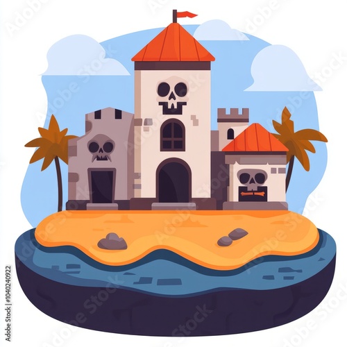 A stylized pirate-themed castle on a sandy island with palm trees.