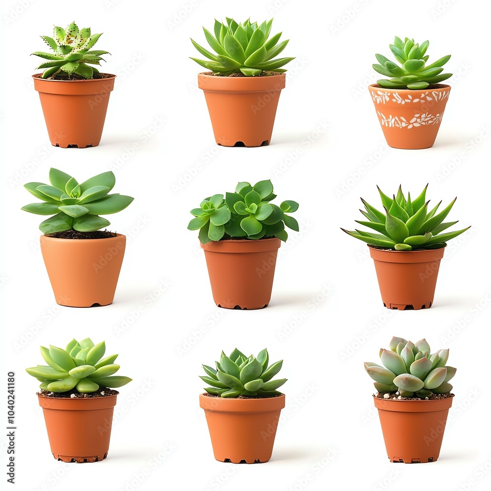 Fototapeta premium Various succulents in terracotta pots, white isolated background.