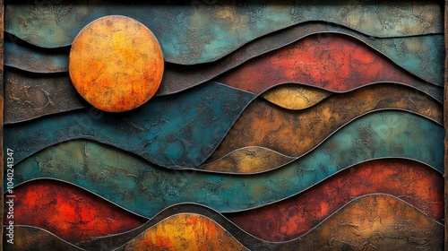 Abstract art depicting waves and a sunset in vibrant colors