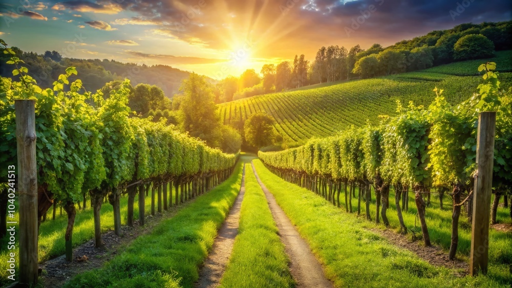 Naklejka premium Serene Vineyard Pathway: A Sunlit Journey Through Lush Green Vines