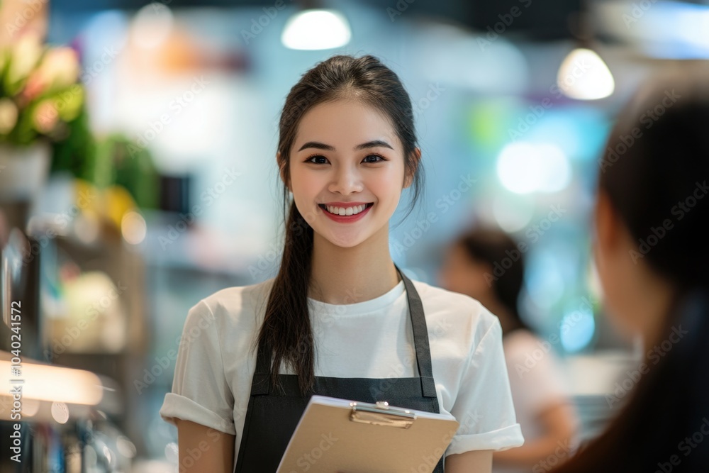 Fototapeta premium A woman is holding a clipboard while wearing an apron, ready for work or project