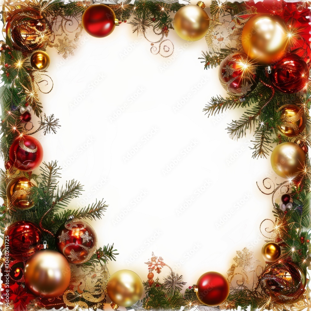 Festive Christmas border frame with red and green decorations, pine branches, and golden ornaments on a white background Festive Christmas border frame with red and green decorations, pine branches, and golden ornaments on a white background