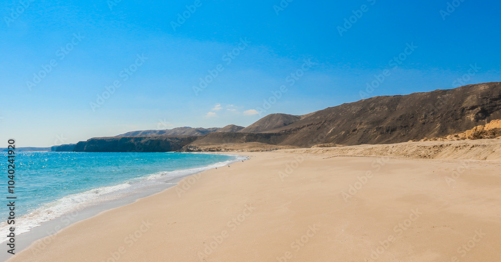 Discovering the serene beauty of Turtle Beach in Oman during a sunny day by the tranquil water\'s edge