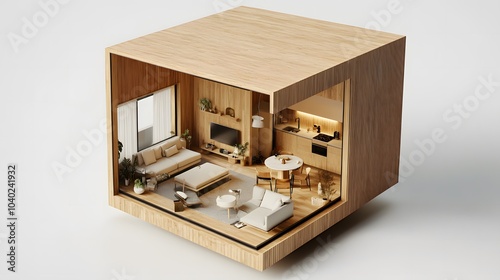 High-Resolution 3D Render of Wooden Cube House with Minimalist Interior Style