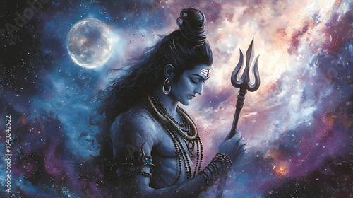 Lord Shiva an Indian God holding a trident and is surrounded by a fierce cosmic energy. AI