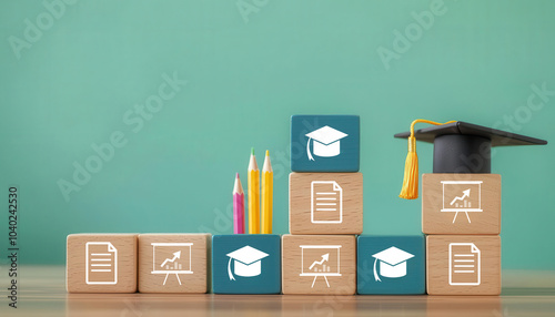 Wooden blocks with education icons books, pencils, and graduation caps set on a school desk background, Wooden Blocks with Icons, Learning and education