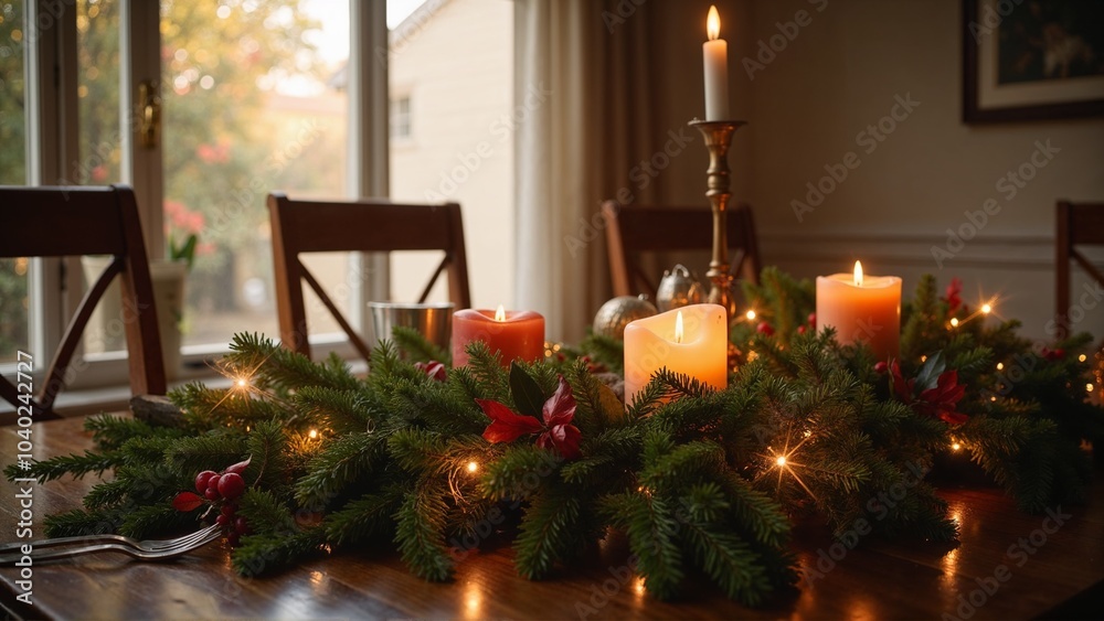 Obraz premium Photorealistic Close-Up of Christmas Garland on Dining Table with Candles, Holly, and Sparkling Lights in Soft Natural Daylight Creating Elegant Holiday Atmosphere