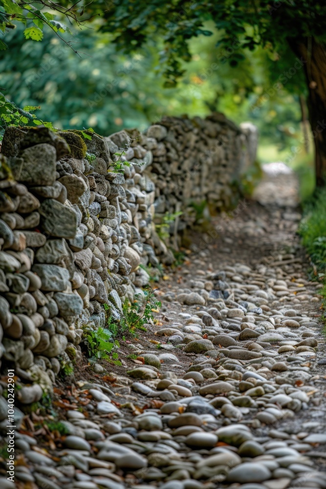 A winding stone path through a dense forest A winding stone path through a dense forest