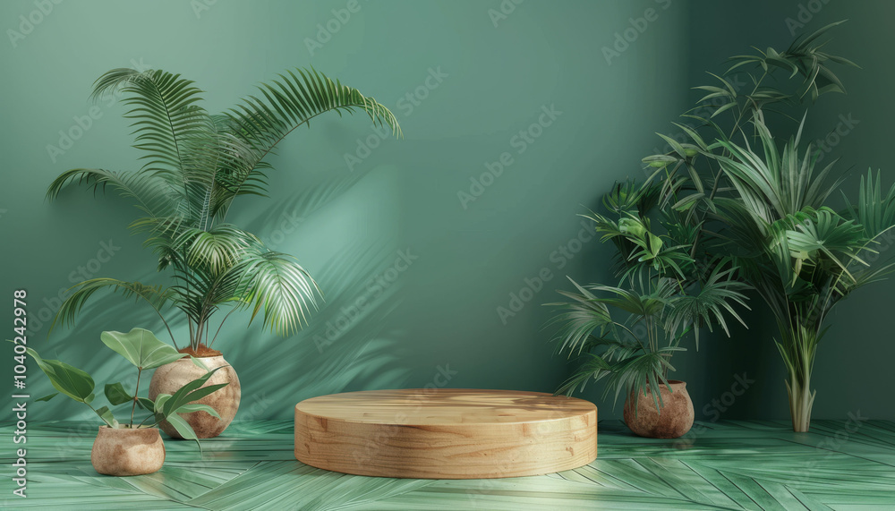 Obraz premium Tropical podium. Rustic green platform. Luxury natural stage background. Tropic beauty showcase display. Modern driftwood presentation backdrop. Forest cosmetic mockup show stand