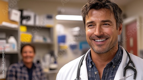 Friendly doctor smiling in a medical office environment