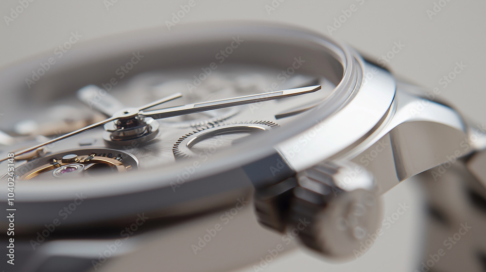 A detailed close-up image of the hands of a silver metal watch, showcasing their intricate design and craftsmanship against a neutral background, emphasizing elegance and precision A detailed close-up image of the hands of a silver metal watch, showcasing their intricate design and craftsmanship against a neutral background, emphasizing elegance and precision