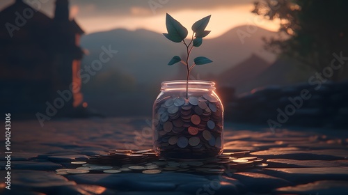 Plant growing from jar of coins