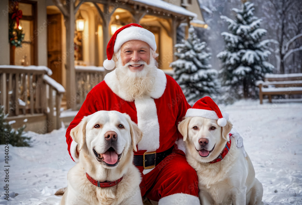 Santa Claus and santa's helper dog labrador