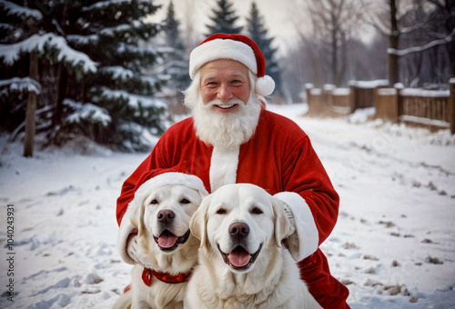 Santa Claus and santa's helper dog labrador photo