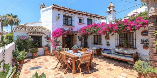 Charming Mediterranean courtyard adorned with vibrant bougainvillea, rustic wooden furniture, and traditional architecture under a clear blue sky