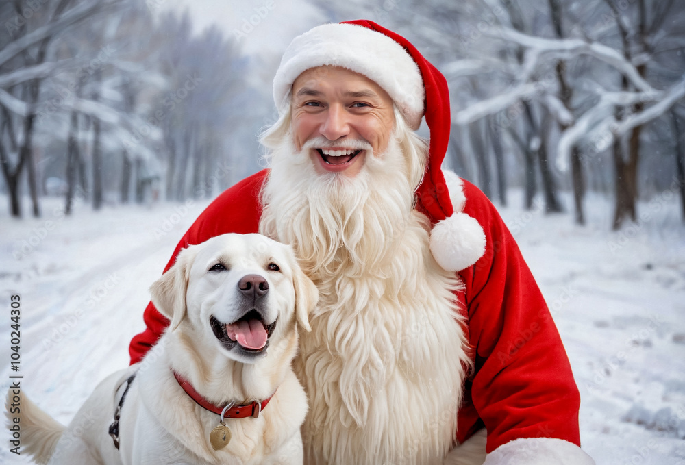 Santa Claus and santa's helper dog labrador Santa Claus and santa's helper dog labrador