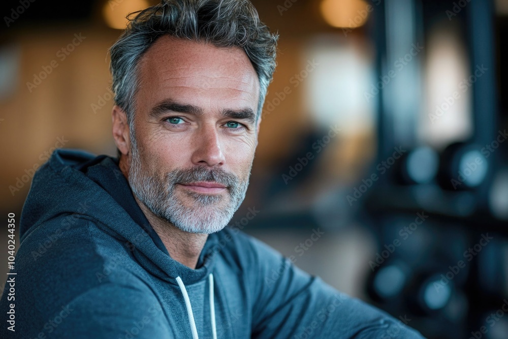 A person exercising in a gym, wearing a beard and hoodie A person exercising in a gym, wearing a beard and hoodie