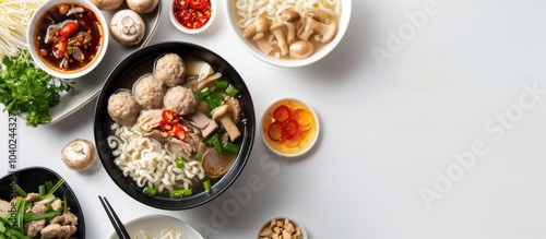 An Indonesian Chinese cuisine called misoa ayam bakso featuring small rice and egg noodles with sliced chicken mushrooms and meatball soup in bowls on a white background in a top view copy space imag photo