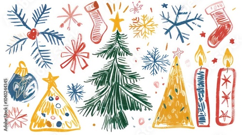 Children's crayon drawing of Christmas theme in festive attire celebrating with Christmas tree.