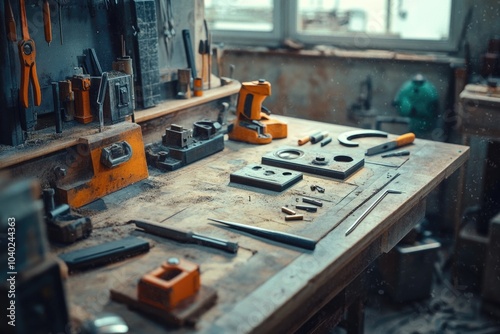 A workbench with various tools laid out on its surface