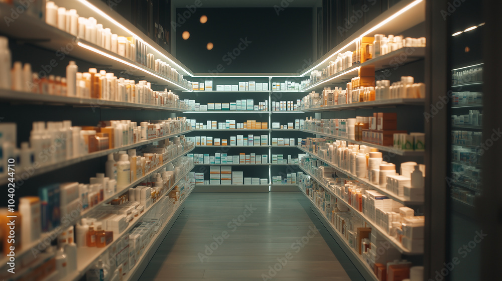 A comprehensive view of illuminated pharmacy shelves, displaying an extensive selection of medicines and healthcare items, emphasizing the importance of accessibility and variety i A comprehensive view of illuminated pharmacy shelves, displaying an extensive selection of medicines and healthcare items, emphasizing the importance of accessibility and variety i