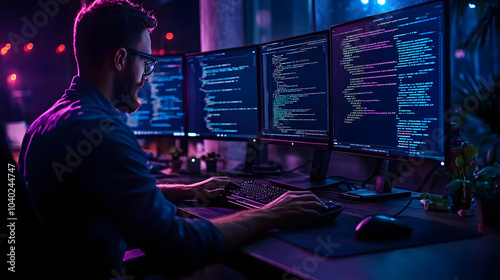 Programmierer arbeitet nachts in futuristischer Umgebung