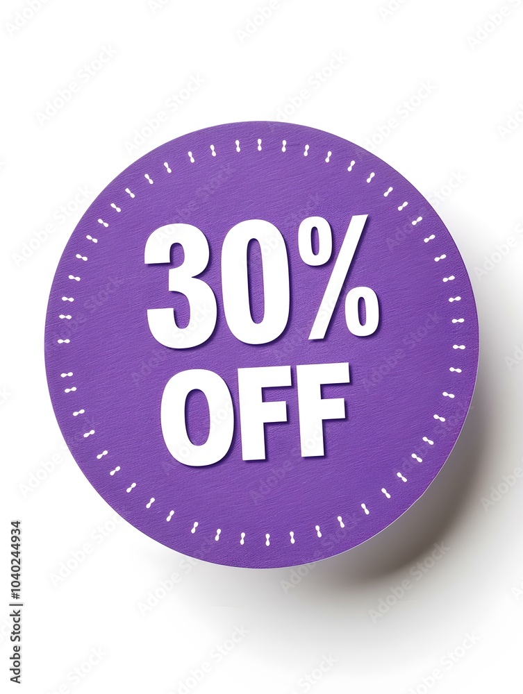 White '30% OFF' Text on a Purple Round Paper Note. White Background White '30% OFF' Text on a Purple Round Paper Note. White Background