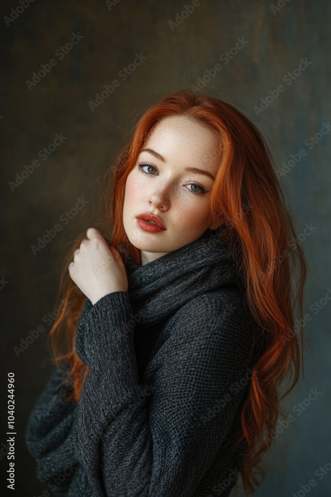 A woman with vibrant red hair wearing a gray sweater, possibly in an office or everyday setting A woman with vibrant red hair wearing a gray sweater, possibly in an office or everyday setting