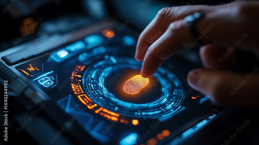 A person using a futuristic smartwatch to scan a fingerprint, glowing biometric interface on the watch screen, dark room with ambient blue lighting, ultra-modern technology style, A person using a futuristic smartwatch to scan a fingerprint, glowing biometric interface on the watch screen, dark room with ambient blue lighting, ultra-modern technology style,