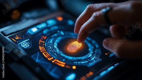 A person using a futuristic smartwatch to scan a fingerprint, glowing biometric interface on the watch screen, dark room with ambient blue lighting, ultra-modern technology style,