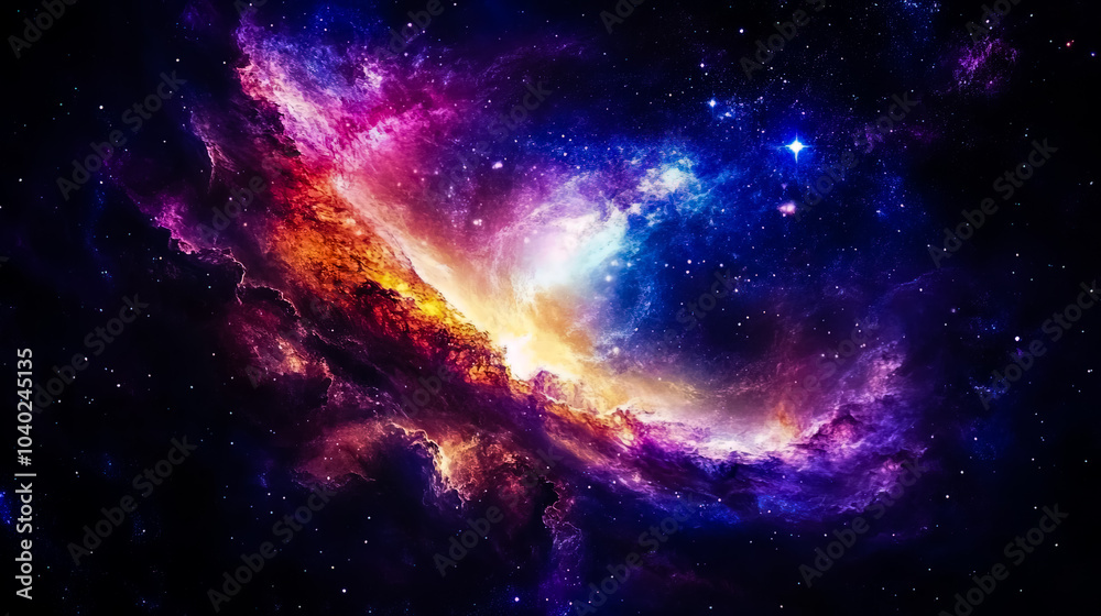 Obraz premium Distant galaxy, swirling clouds of gas and dust illuminated by vibrant colors, deep space background.