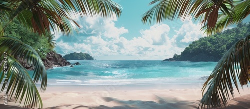 Fototapeta Naklejka Na Ścianę i Meble -  Sandy beach with palm trees framing a peaceful seascape creating a serene tropical copy space image