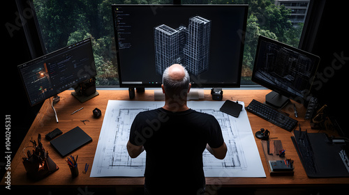 Architekt entwirft Hochhausprojekt mit 3D-Modell am Computer photo