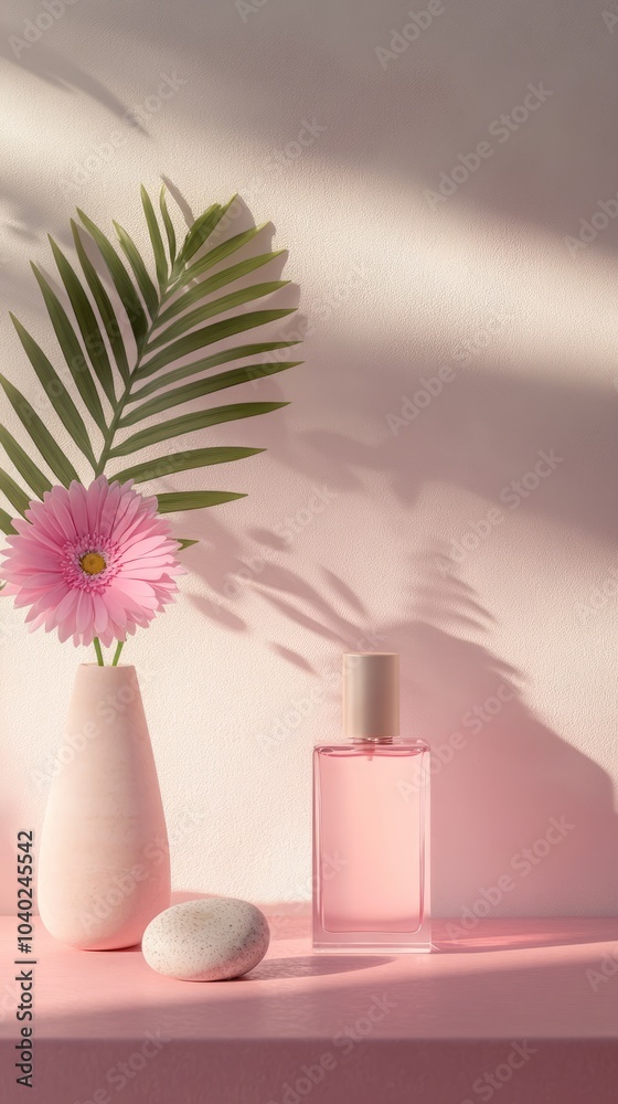 Transparent perfume cosmetic, packaging mockup, minimalist background Transparent perfume cosmetic, packaging mockup, minimalist background