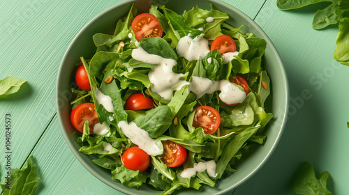 Vibrant salad bowl with fresh greens, red tomatoes, and white dressing, laid on a green wooden table, healthy lifestyle concept for food-related commercials