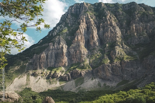 A rugged mountainous terrain with a steep, rocky cliff face