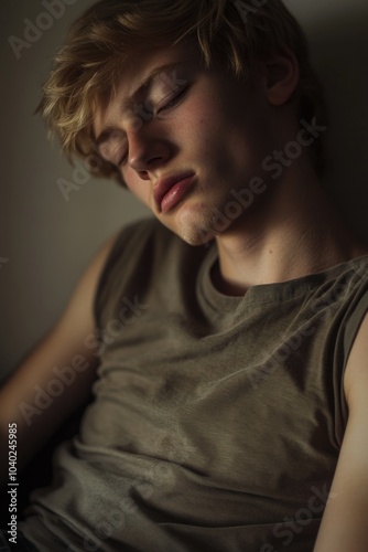 A person is resting on a sofa, eyes shut, in a cozy setting