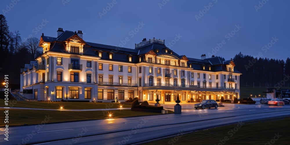 Naklejka premium A grand and beautifully illuminated historic building, showcasing exquisite architectural details, stands majestically against the night sky, offering a glimpse into timeless elegance and luxury