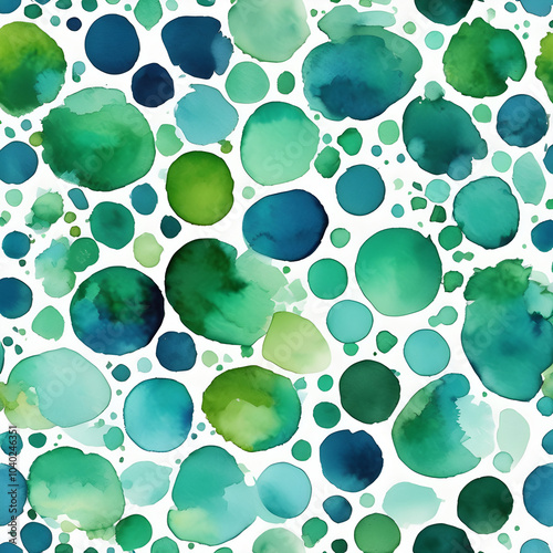 Abstract seamless watercolor pattern with blue and green dots overlapping on white background.