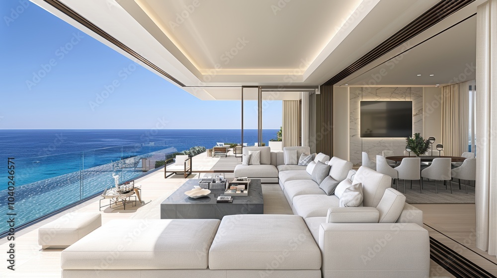 Fototapeta premium Luxurious modern terrace overlooking the tranquil blue ocean with comfortable seating and dining area under a stylish roof design capturing serenity