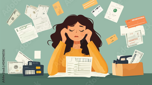 Flat worried woman have list of credit debts and overdue bills, flat lay vector illustration, debt recovery, recovery debt, recovery